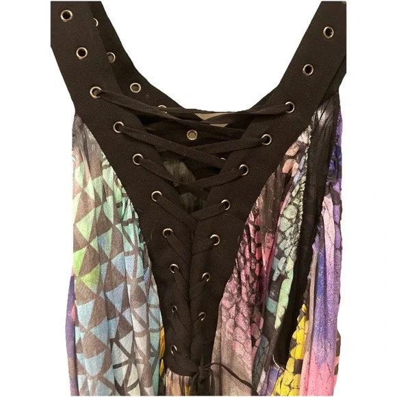 Matthew Williamson 100% Silk Print Dress Lace Up Front Belted Sleeveless 10 - Picture 5 of 12